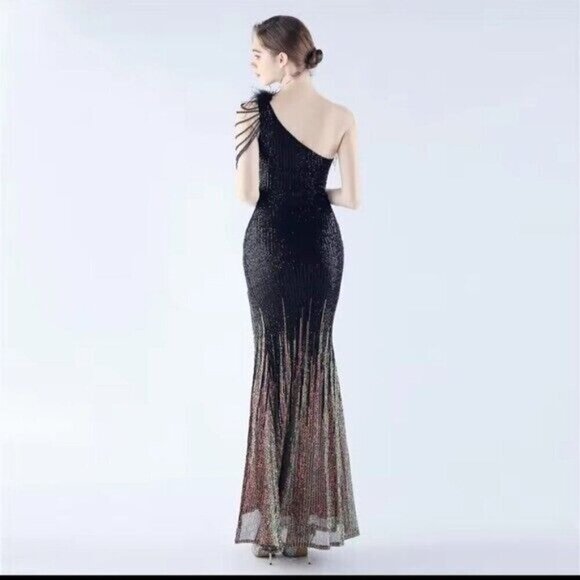 Black, One Shoulder Beaded, Gradient , Feather Neckline, Sequined Mermaid Gown - Picture 14 of 16